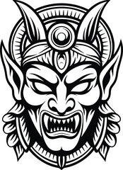 Demon mask illustration, gothic fantasy artwork, tribal tattoo design, horror face vector, mythical creature, evil spirit, dark art, occult symbol
