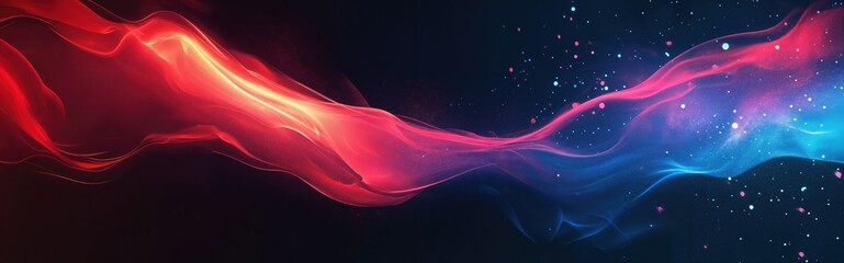 Dynamic Red and Blue Energy Waves Intertwining in Abstract Flow Against a Dark Background, Creating a Vibrant and Futuristic Light Design with Sparkling Particles