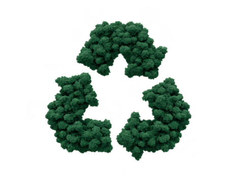 Recycling symbol made of dense green trees, representing environmental conservation, sustainability, and eco friendly practices, promoting nature protection and forest preservation
