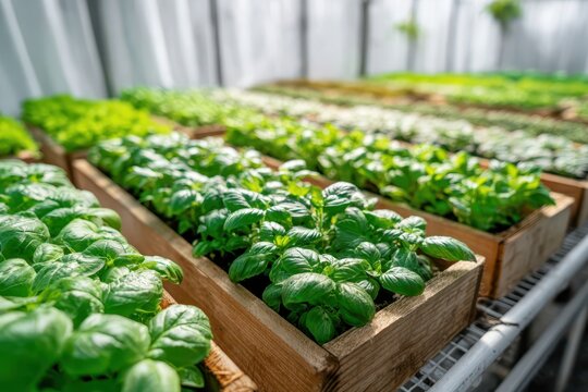 Rows of thriving basil plants in wooden boxes, showcasing fresh herbs growing in a greenhouse with a focus on sustainable agriculture and vibrant green foliage. - Powered by Adobe