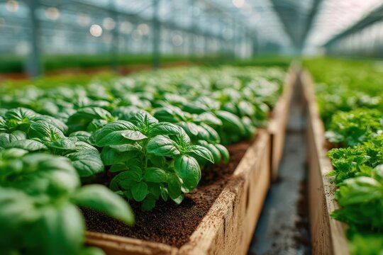 Rows of lush green basil plants thriving in a greenhouse, showcasing sustainable agriculture practices and controlled environment cultivation for fresh herbs.