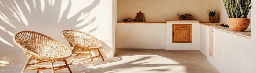 Naklejka premium Sun-Drenched Patio with Wicker Chairs and Rustic Decor, coastal style , outdoor living