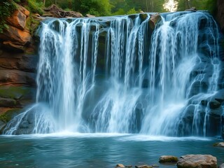 Fototapeta premium Cascading waterfall at blue hour with earth tone lighting