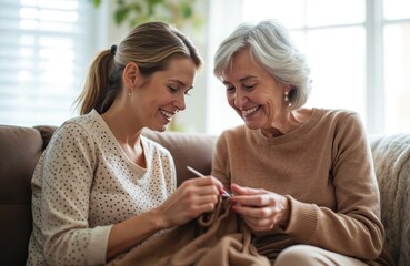 Adult daughter helps elderly mother with knitting handcraft. Two happy women smile, enjoy shared hobby, learn new skill. Family bonding, time together on sofa at home during daylight hours.