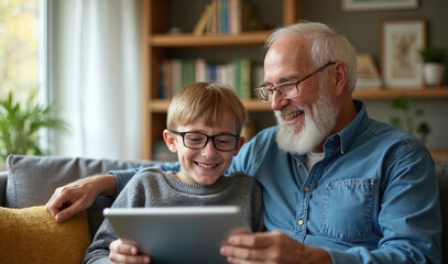 Grandfather and grandson look at tablet computer together indoors. Elder man with white beard and glasses smiles. Young boy with glasses laughs while holding device. Family bonding time with tech.