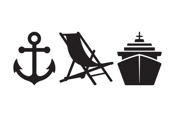 Travel and vacation concept with anchor, beach chair, and cruise ship icons.