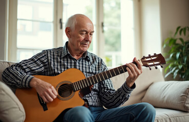 Elderly man sits on sofa, plays acoustic guitar indoors. He wears casual clothes, enjoying his hobby with calm expression. Wrinkled hands strum strings creating pleasant melody.