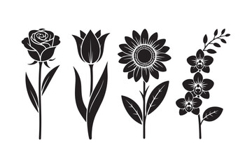 Rose, tulip, sunflower, and orchid vector silhouettes for floral design