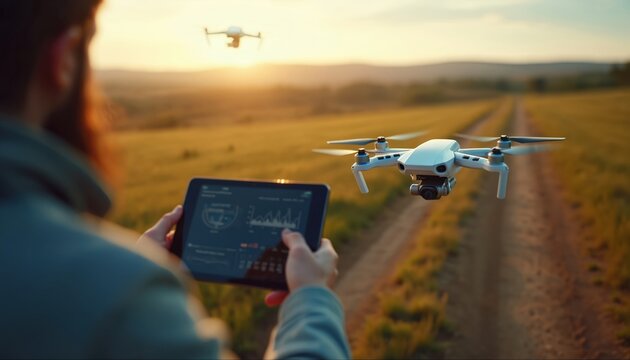 Operator controls drone flight with tablet. Unmanned aerial vehicle flies above rural field at sunset. UAV tech for agriculture, inspection, video, photo. Pro pilot uses modern technologies outdoors. - Powered by Adobe