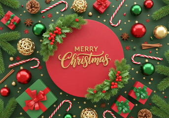 Circular red centerpiece with gold Merry Christmas script, surrounded by pine branches, holly, candy canes, and redgreengold ornaments.