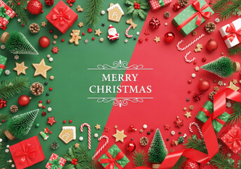 MERRY CHRISTMAS text centered on a diagonal split background of red and green, surrounded by an abundance of festive cookies, gifts, and decorations.