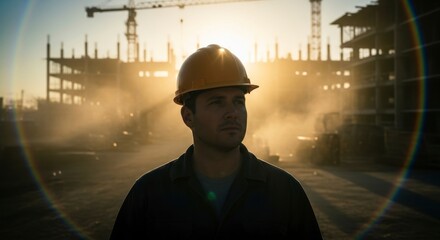 Building the Future: A construction worker stands strong against the backdrop of a bustling construction site at sunset, embodying dedication and progress.