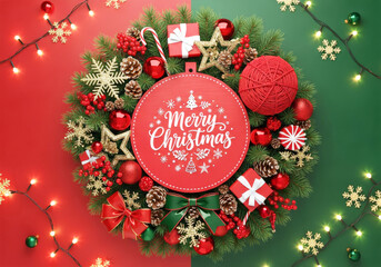 Christmas wreath of pine, ornaments, and gifts, encircling a red circular sign with Merry Christmas script, set against a red and green divided background.