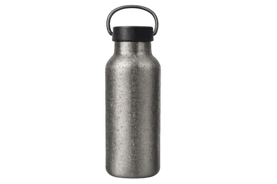 Reusable insulated water bottle with condensation, showing cold refreshing hydration, eco-friendly metal thermos flask