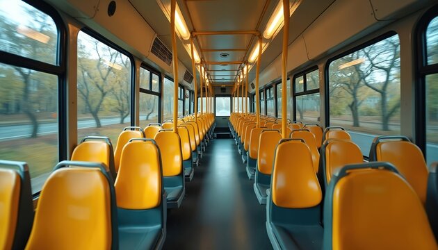 Empty yellow seats line bus aisle. Motion blur outside windows shows trees passing. Bus drives on road through city street during daytime. No passengers are visible inside.