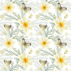Seamless pattern, yellow and white daffodils, green leaves, twigs, grass, butterfly, hand-drawn watercolor illustration in a flat naive style. Element for design of textiles, packaging, and wallpaper