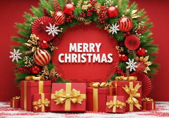 Large, vibrant Christmas wreath of pine, red and gold ornaments, and ribbons, framing MERRY CHRISTMAS text, with red and gold gifts below.
