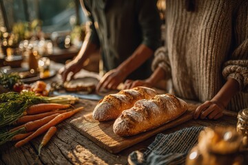 Two people preparing fresh bread and vegetables on a rustic wooden table, bathed in the warm sunlight of a cozy kitchen, creating a natural and healthy meal.