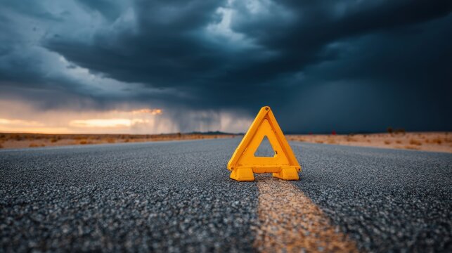 Roadblock Along a Deserted Highway Signifies Challenges in Business Journeys Against a Backdrop of a Cloudy Sky
