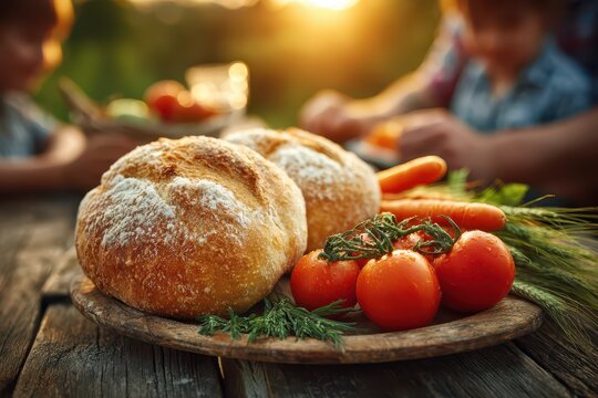 Close-up of fresh, crusty bread rolls, ripe tomatoes and carrots on rustic wooden platter, capturing the essence of a healthy and delicious meal in natural light.