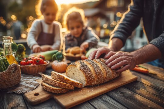Family preparing a healthy meal outdoors, with fresh bread being sliced on a rustic wooden table, surrounded by vegetables and natural light at sunset.