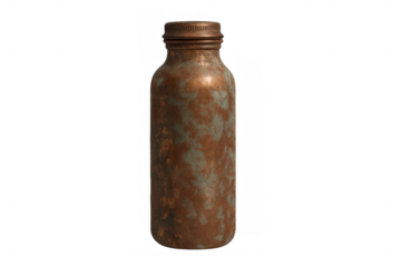 Rusty antique metal flask showing weathered corrosion texture on old container, symbolizing decay and time passing