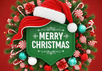 A green shield sign with MERRY CHRISTMAS text, topped by a dangling Santa hat, framed by a festive wreath of candy canes, ornaments, and pine.