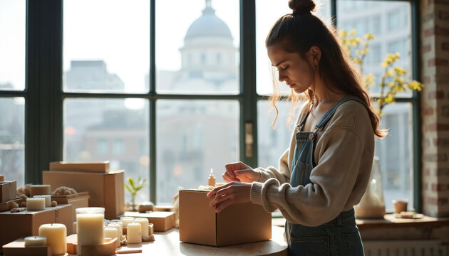 Young woman packs handmade candles into cardboard box. Artisan crafts products in urban workshop near window with city view. Female entrepreneur works on small business orders. - Powered by Adobe