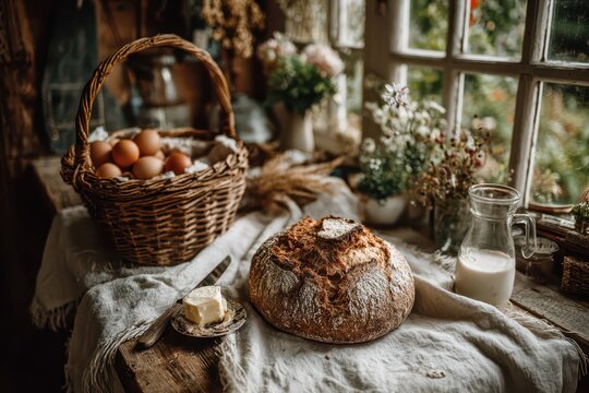 A rustic still life featuring freshly baked bread, eggs in a basket, butter and milk, capturing the charm of country living and the warmth of homemade goodness. - Powered by Adobe