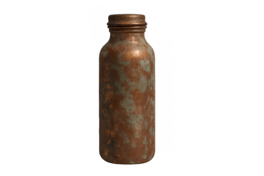 Rusty antique metal flask showing weathered corrosion texture on old container, symbolizing decay and time passing