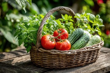 A rustic basket filled with fresh garden harvest of tomatoes, cucumbers, and herbs, sitting on a weathered wooden table, with blurred green foliage in the background.