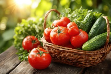 A rustic wicker basket filled with fresh ripe tomatoes, crisp cucumbers, and fragrant dill, bathed in warm sunlight, sitting on an aged wooden table.