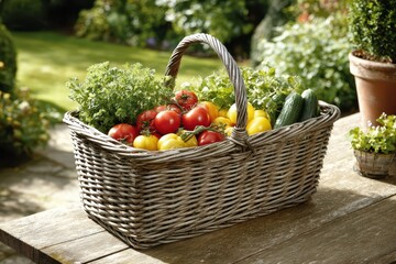 A charming wicker basket filled with freshly picked tomatoes, cucumbers, and herbs, sitting on a rustic wooden table in a lush green garden setting, outdoors.