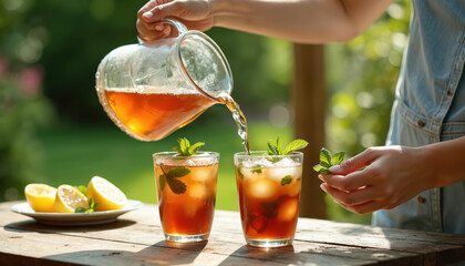 Woman pours iced tea with mint into glasses on a sunny garden table. Lemons and fresh mint sprigs complete the refreshing summer beverage. Offers hospitality and a cool, sweet escape from the heat.