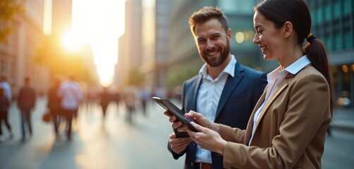 Two pro business people use digital tablet together on busy city street. Smiling man, woman collaborate on tech outside, discussing important work. Connect with mobile device in urban environment at