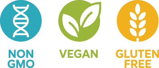 Non GMO Vegan Gluten Free Icon Set: Triple Certified Food Labeling Graphic for Healthy, Plant-Based, and Allergen-Free Products