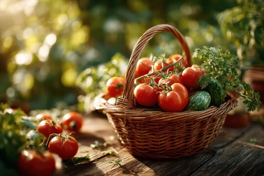 A rustic basket overflows with ripe, vibrant tomatoes and fresh greens, set against a backdrop of sun-dappled foliage, capturing the essence of garden harvest.