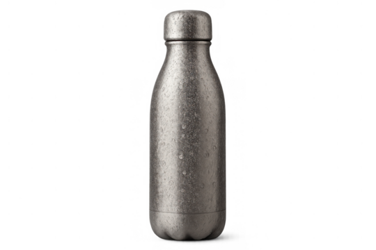 Reusable stainless steel water bottle displaying condensation droplets, representing healthy hydration, zero waste, and an active lifestyle