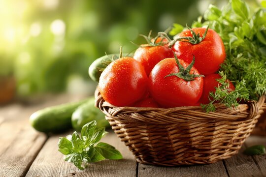 Freshly picked tomatoes and cucumbers arranged in a rustic wicker basket, a vibrant display of summer's bounty, ready for a healthy meal and culinary creations. - Powered by Adobe