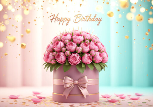 A pastel pink hatbox filled with a lush bouquet of pink roses, tied with a satin bow, with Happy Birthday script above, and confetti.