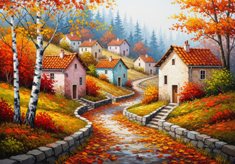 Impressionistic painting of a winding road covered in fallen leaves, leading through a quaint village nestled in a vibrant autumn forest.