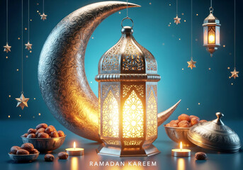 A glowing, ornate metal lantern and a large silver crescent moon, surrounded by dates and candles on a deep teal background for Ramadan Kareem.