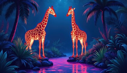 Two bright giraffes stand by glowing river. Rich neon tropical plants surround. Dark blue rainforest setting creates surreal, futuristic wildlife scene. Animals reflect on purple water, making