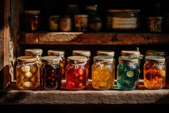 A colorful variety of preserved fruits and vegetables in jars on a wooden shelf, exhibiting homemade gourmet goods in a rustic, vintage setting, traditional canning.