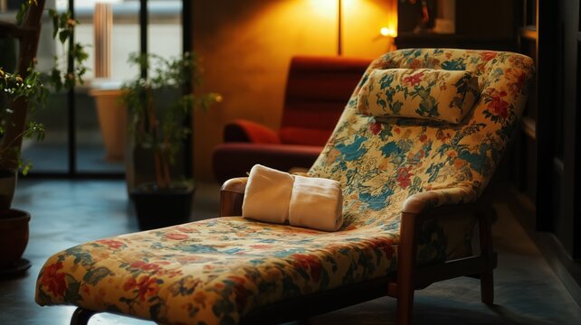 Elegant Daybed with Floral Pattern and Rolled Towels in Relaxing Spa Setting