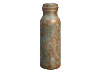 Reusable metal water bottle with aged copper patina, an eco-friendly drinking and hydration concept on transparent background