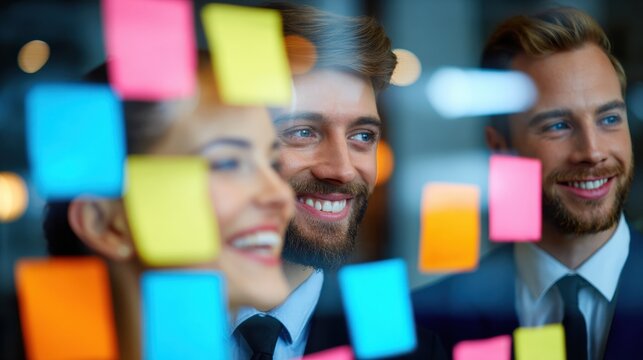 Business Team Collaborates on Innovative Ideas Using Colorful Sticky Notes in a Bright Modern Office Setting