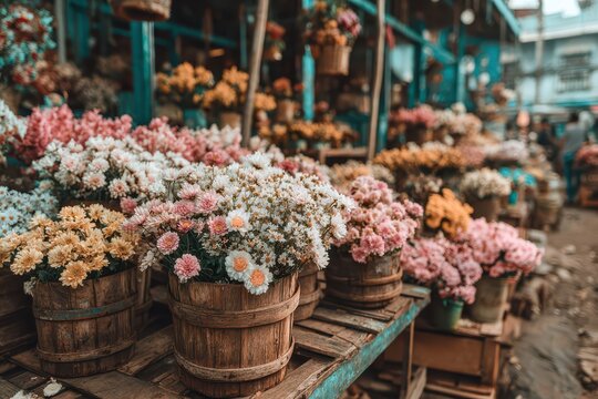 A colorful and vibrant display of blooming Chrysanthemums at a rustic flower market, offering a close-up of the diverse floral arrangements in wooden containers.