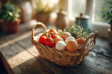 A rustic wicker basket brimming with fresh organic eggs and ripe tomatoes sits on a weathered wooden table, bathed in soft, natural light, evoking a sense of country charm.