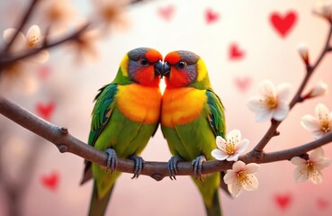 Fototapeta premium Two cute parrots sit on branch with flowers and hearts. Green and orange lovebirds face each other. Symbol of romance, affection, love. Wedding invitation card or Valentine Day greeting card design.